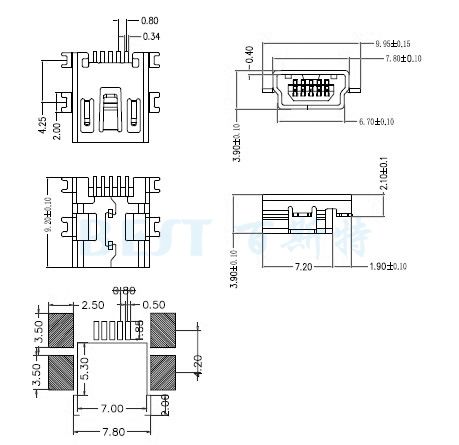 USB插座MIN USB-5P沉板長(zhǎng)體