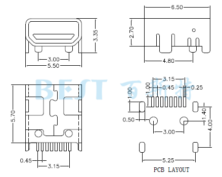 USB插座USB-4T-09參考圖紙