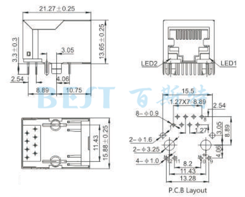  RJ45插座5921S-LED 8P8C參考圖紙