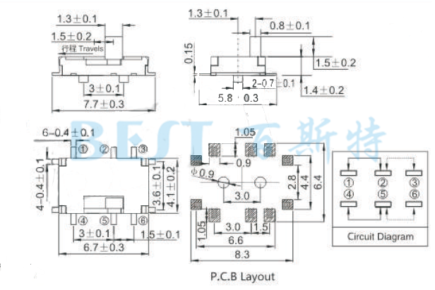 微型撥動開關MSS-22C06參考圖紙