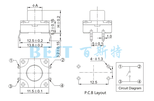 輕觸開(kāi)關(guān)TS-1103K參考圖紙