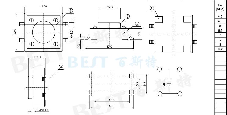 貼片輕觸開(kāi)關(guān)1103_TS-1103W_參考圖紙